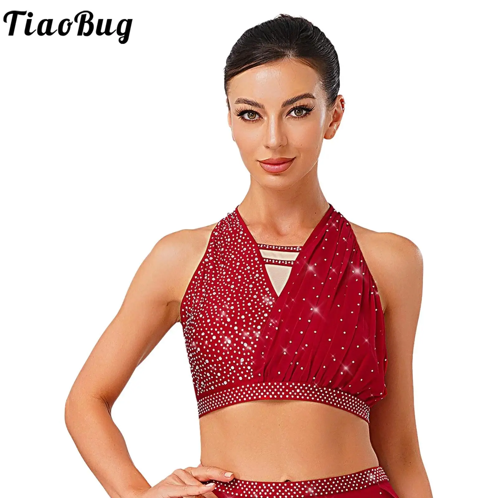 

Womens Sparkly Rhinestone Dance Crop Tops Dancewear Sleeveless Strappy Back Ruched Vest for Ballet Latin Tango Stage Performance