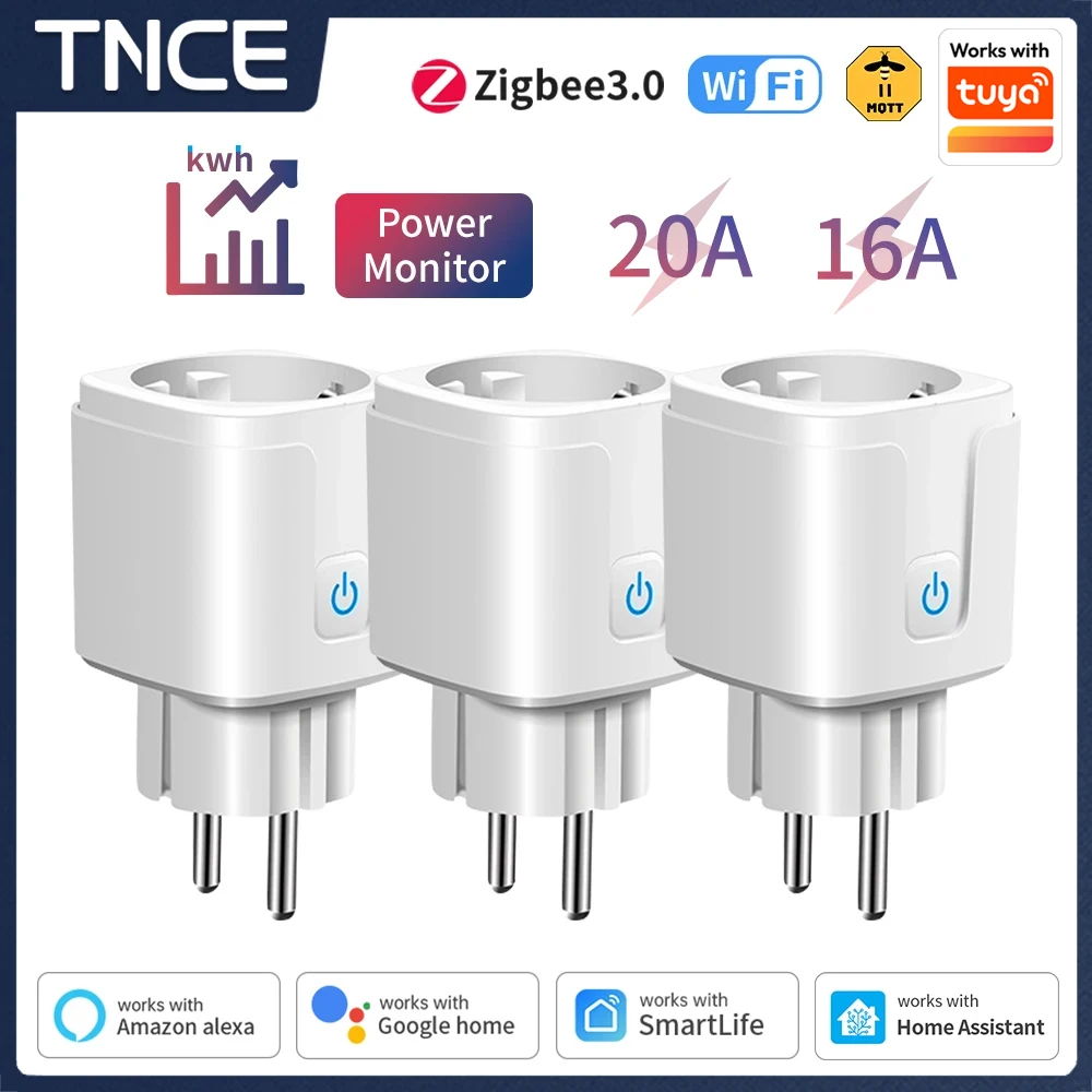 TNCE TUYA Inteligentna wtyczka WiFi lub Zigbee3.0 Gniazdo EU 16/20A z funkcją monitorowania mocy Sterowanie głosowe działa Alexa Google Home