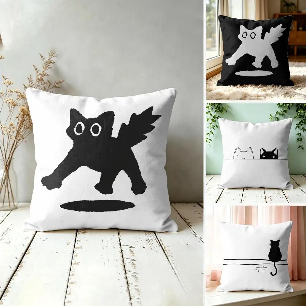 Minimal Black Cat Sketches Cushion Cover Silky Short Plush Invisible Zipper Dustproof Sofa Pillow Case For Home Decor