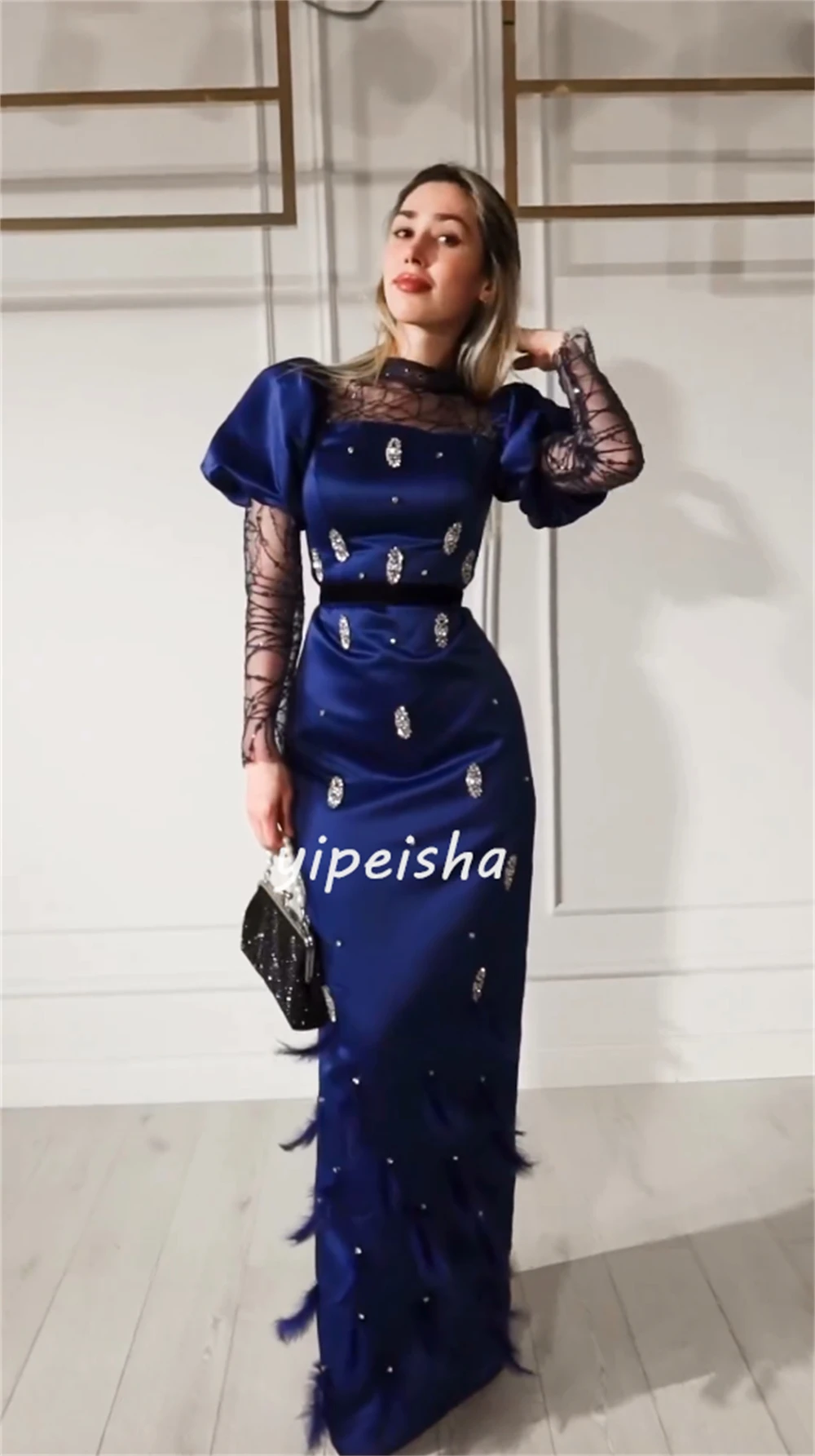 Vestido Midi de satén con lentejuelas y cuentas, traje fruncido de plumas para fiesta, cuello alto, a medida