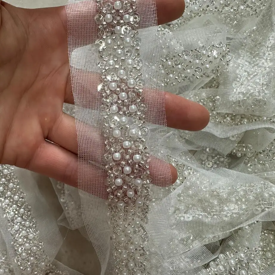 90cm Sequin Pearl Beaded Lace Trim Mesh Lace Ribbon Fabric Clothes Decoration Wedding Dress Collar Sleeve African Lace Applique