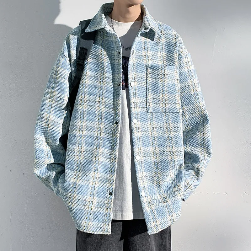 Men Light Blue Plaid Textured Tweed Shacket Lapel Button Down Oversized Casual Vintage Streetwear Thick Shirt Jacket Outer Coat