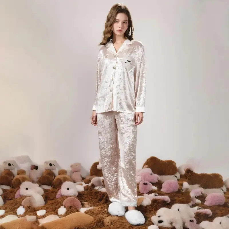 

Women's Pajama Sets Lace Turn-Down Collar Pink Long Sleeve Womens Pajama Set Women Cardigan Pajama Pants 2 Piece Set Outfit