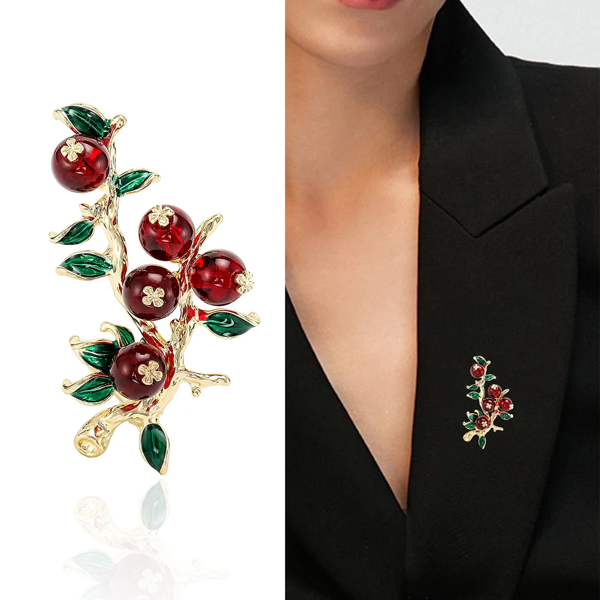 Rhinestone Pomegranate Branch Brooches for Women Unisex Enamel Fruit Pins Office Party Friend Gifts Jewelry Accessories