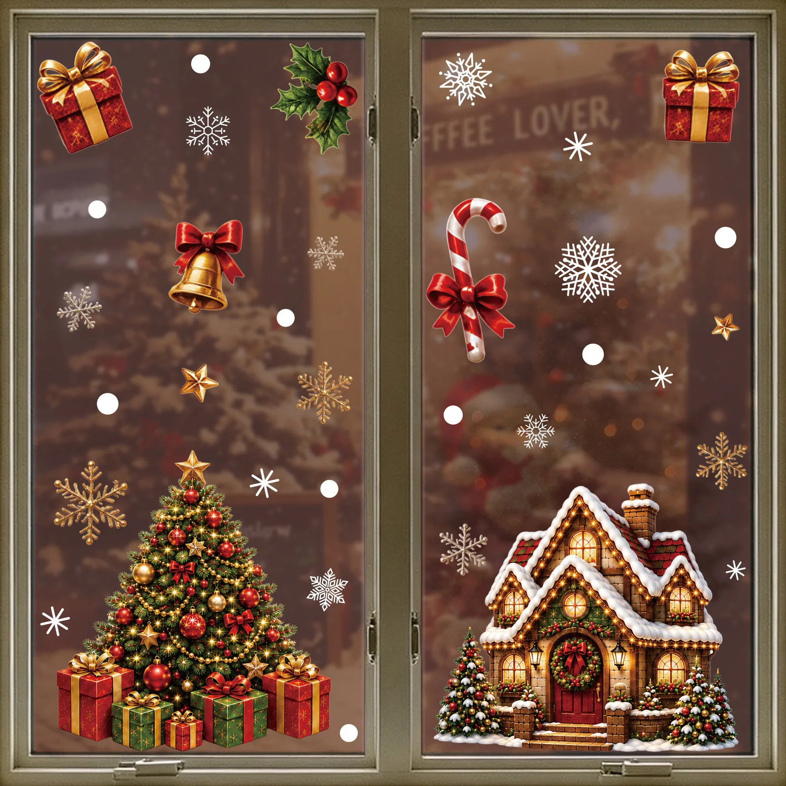 Xmas Window Static Clings, Cute Cartoon Santa Snowflake Snow House Pattern Glass Decals, Removable PVC Stickers for Christmas