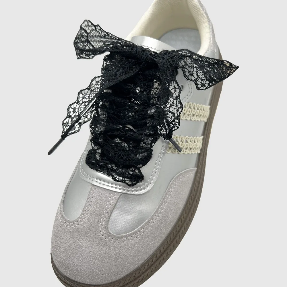 1Pair Elegant White Lace Bow Shoe Laces - 39.37" Long V-Cutout Korean Style, for Sneakers Flats Wedding Shoes