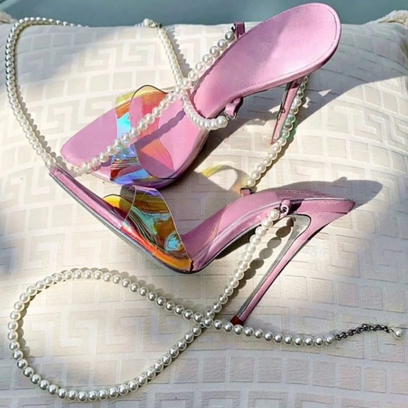 

Modern Pearl Chain Ankle Strap Sandals Transparent PVC Pointed Toe High Heel Party Celebrating Formal Footwears Real Photo