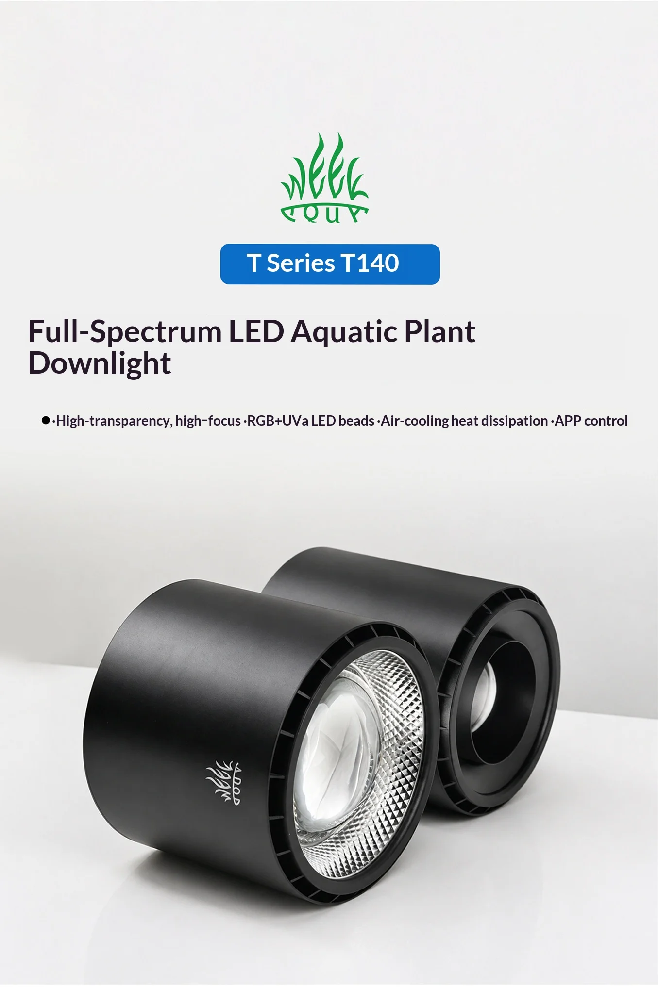 WEEK AQUA Full‑Spectrum Aquascape Light for Planted & Native Stream Tanks, T140PRO / T140PRO‑FOC, Bluetooth APP Dimming & Timer