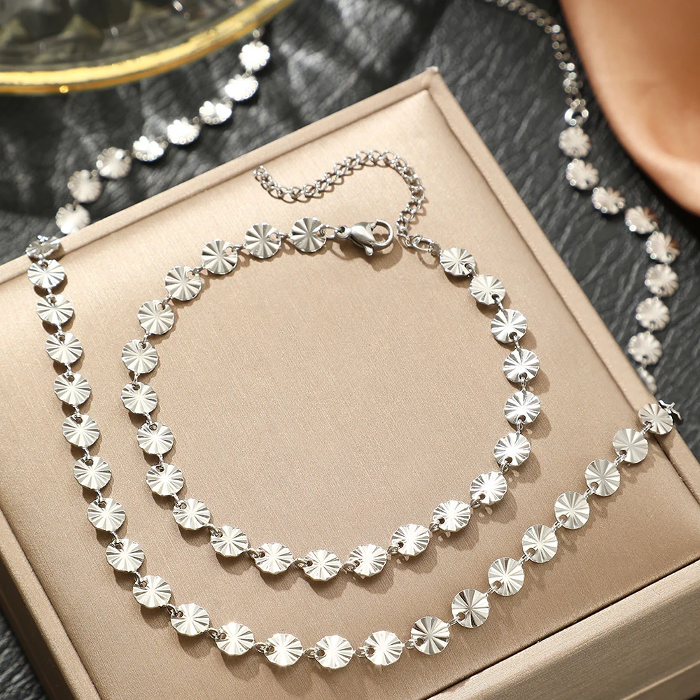 Stainless Steel Jewelry Set Stylish Small Round Piece Design Bracelets Necklaces Two Piece Jewelry Set For Women Jewelry Gifts