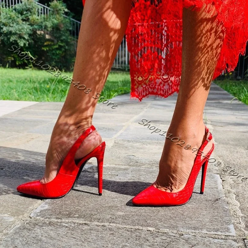 

Red Slingback Ankle Buckle Pumps Pointed Toe Crocodile Print Solid Pumps Stiletto High Heels Shoes Women Shoes Zapatillas Mujer