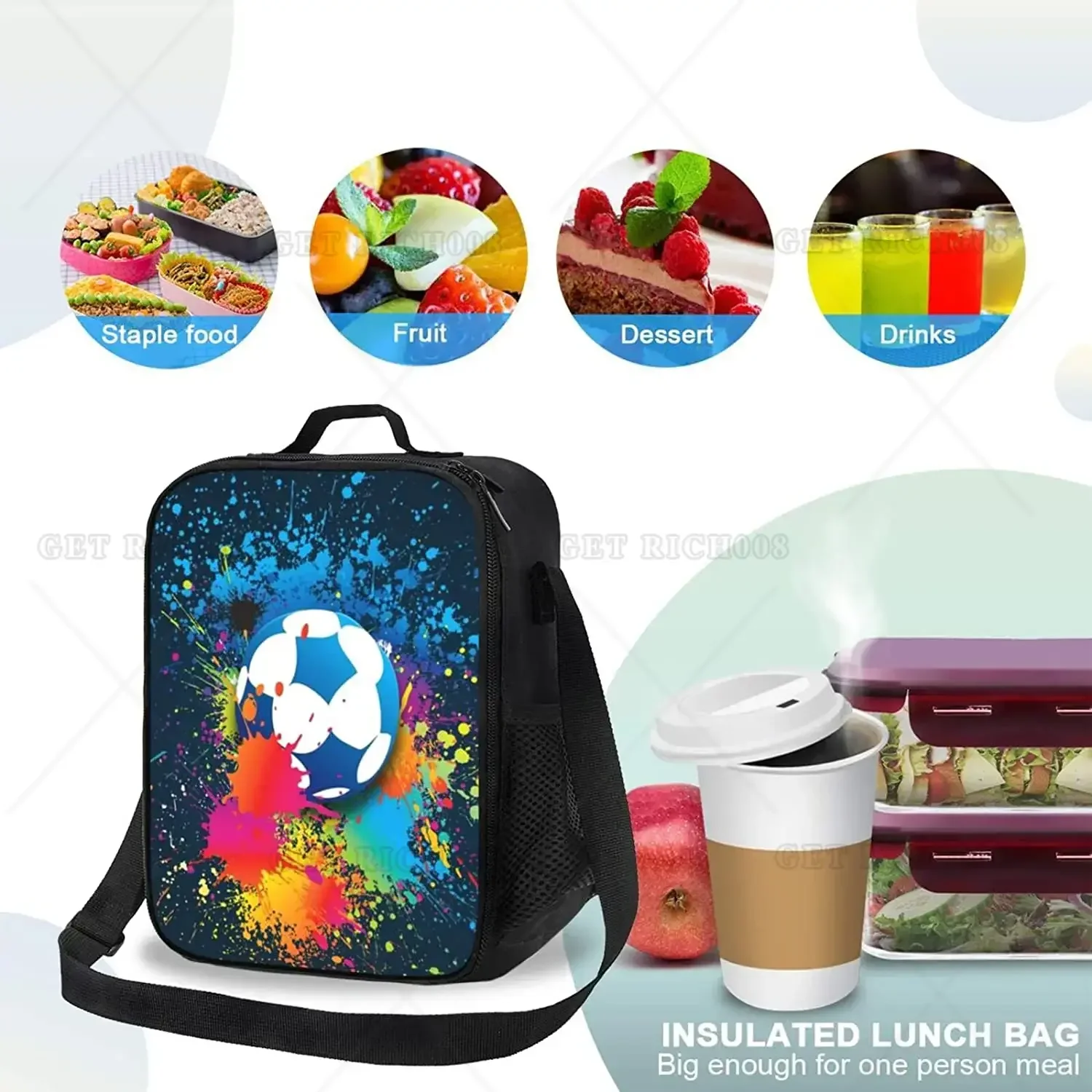 Kids Lunch Box Sport Soccer Lunch Bag with Shoulder Strap School Bento Lunch Box for Kids Toddlers Teens Tie Dye Football