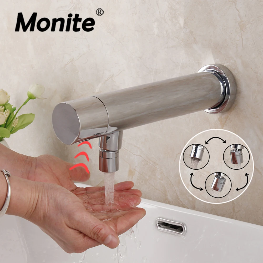 Monite Chrome & Black Lavatory Bathroom Faucet Wall Mount Sensor Faucet Automatic Hands Free Touch Sensor Cold Basin Tap Faucet