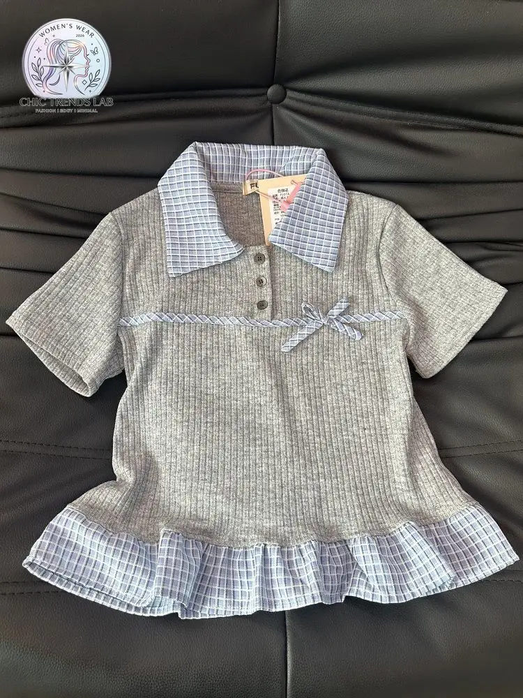 Women Korean Plaid Polo Collar Crop Top Patchwork Ruffle Hem Bow Slim Fit Short Sleeve 2-in-1 Layered Y2K Coquette Aesthetic Tee