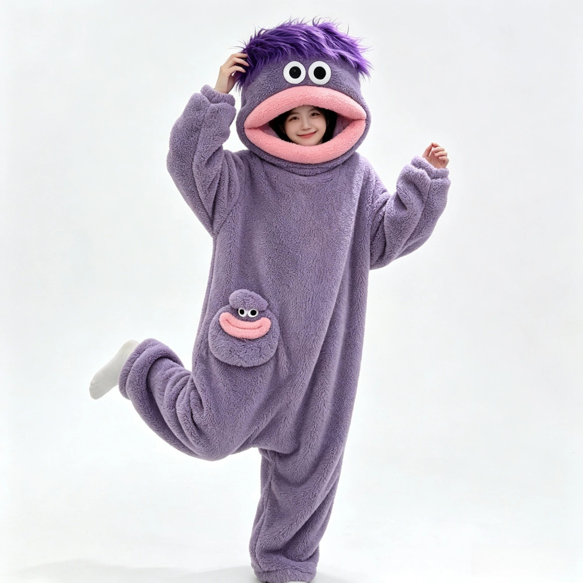 Lila Big-Mouth-Monster-Onesie-Pyjama für Erwachsene, Winter-Dickfell-Korallenfleece-Warm-Schlafanzug, lustige, hässlich-süße Loungewear, Unisex