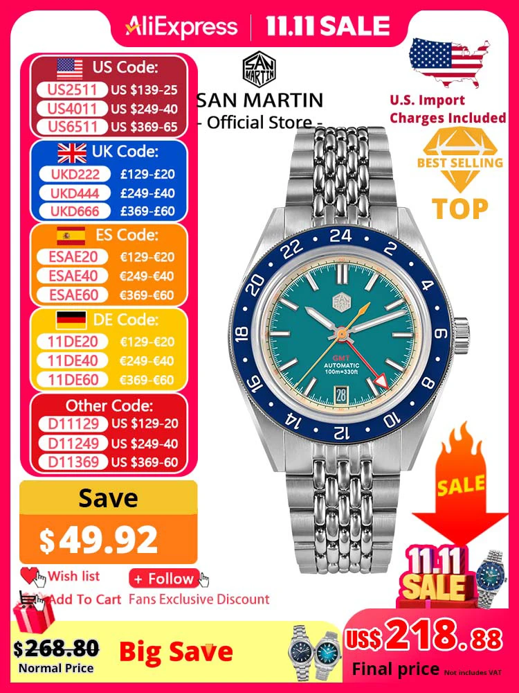 

San Martin Original Design Fashion GMT 39.5mm Men Sports Watch Japan NH34 Automatic Mechanical Waterproof 100m SN0116 Reloj