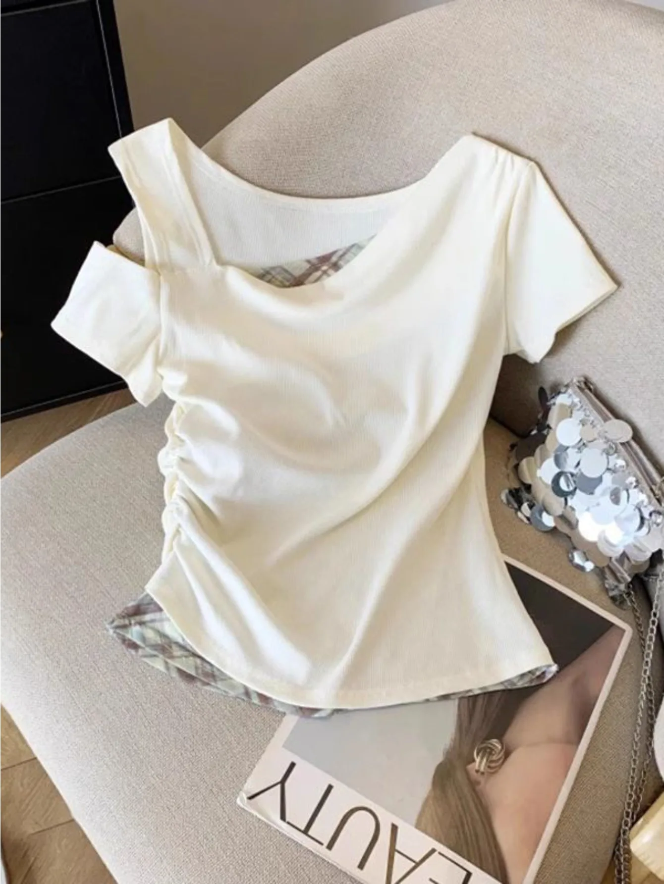 Summer Off The Shoulder Top with Side Drawstring Fake Two Piece Design Slim Fitting Suitable for Daily Inner and Outer Wear