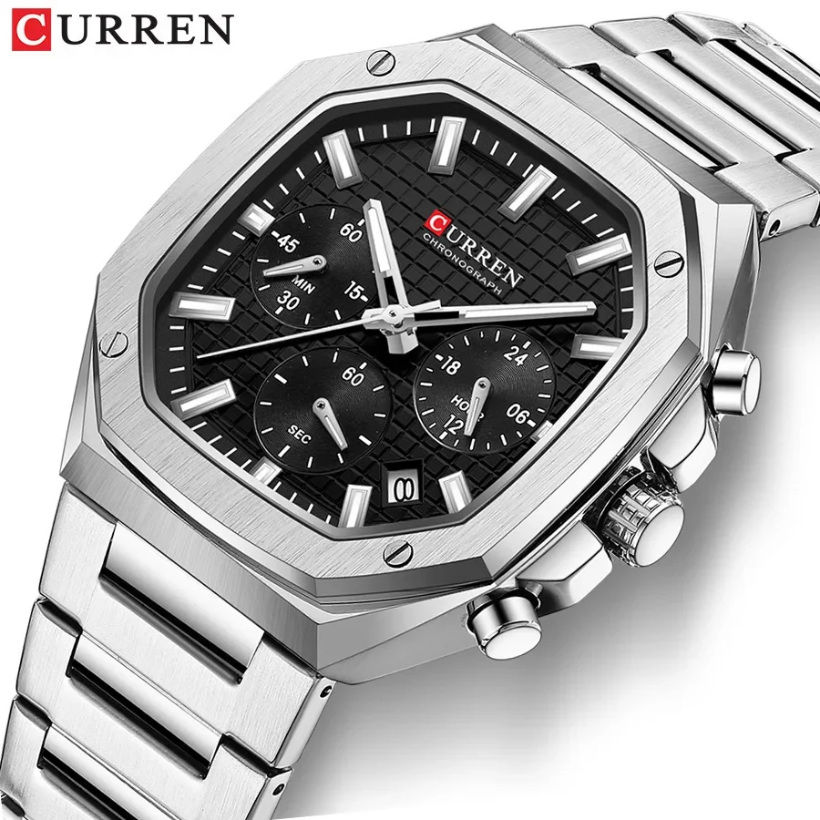 CURREN 8459 นาฬิกาผู้ชายสายเหล็กปฏิทินนาฬิกาธุรกิจนาฬิกาผู้ชายสไตล์กีฬา