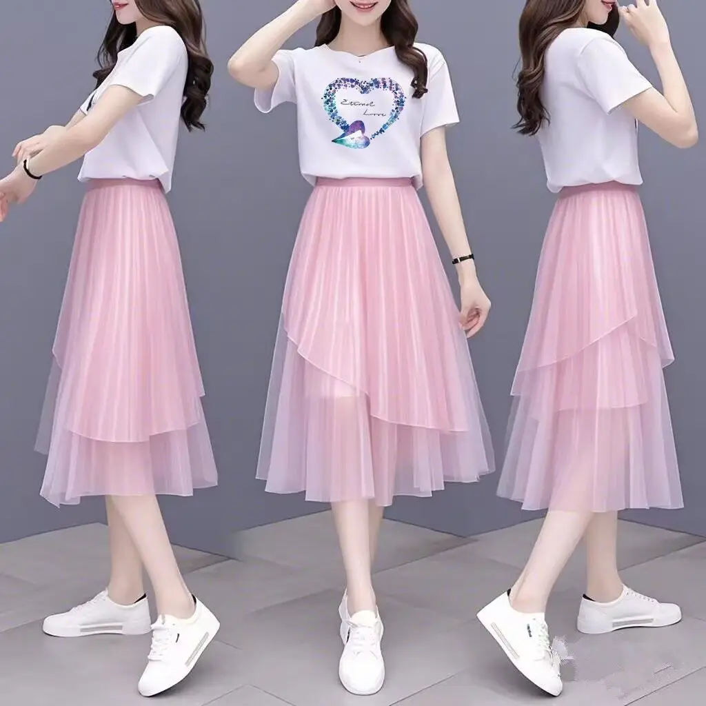 2025 New Women's High Waist Midi Skirt Set - Iridescent Flowy Chiffon Layered Skirt with Slimming Effect