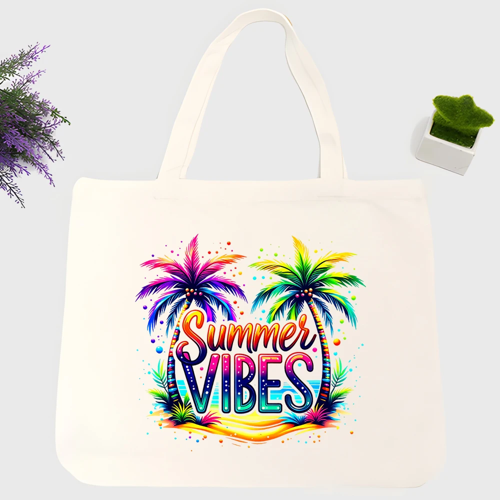 Men's tropical palm tree and letter print canvas tote bag, summer beach and casual shopping style