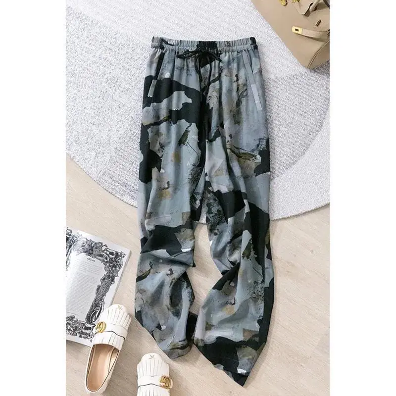 Fashion Vintage Printed Elastic High Waist Trousers Women's Clothing Summer Loose Comfortable Chiffon Wide Leg Pants Female