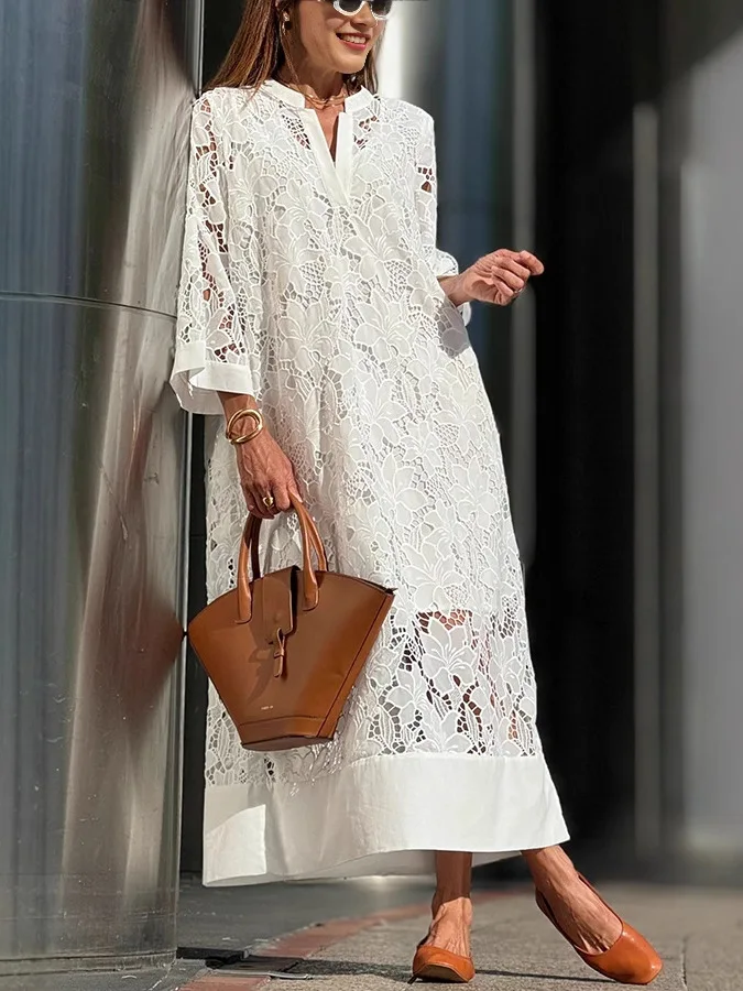 

Женское пляжное платье Lace irt Loose Fitting Lace Cover up Casual Sle Hollow out Design V Ne средней длины Seven Sve