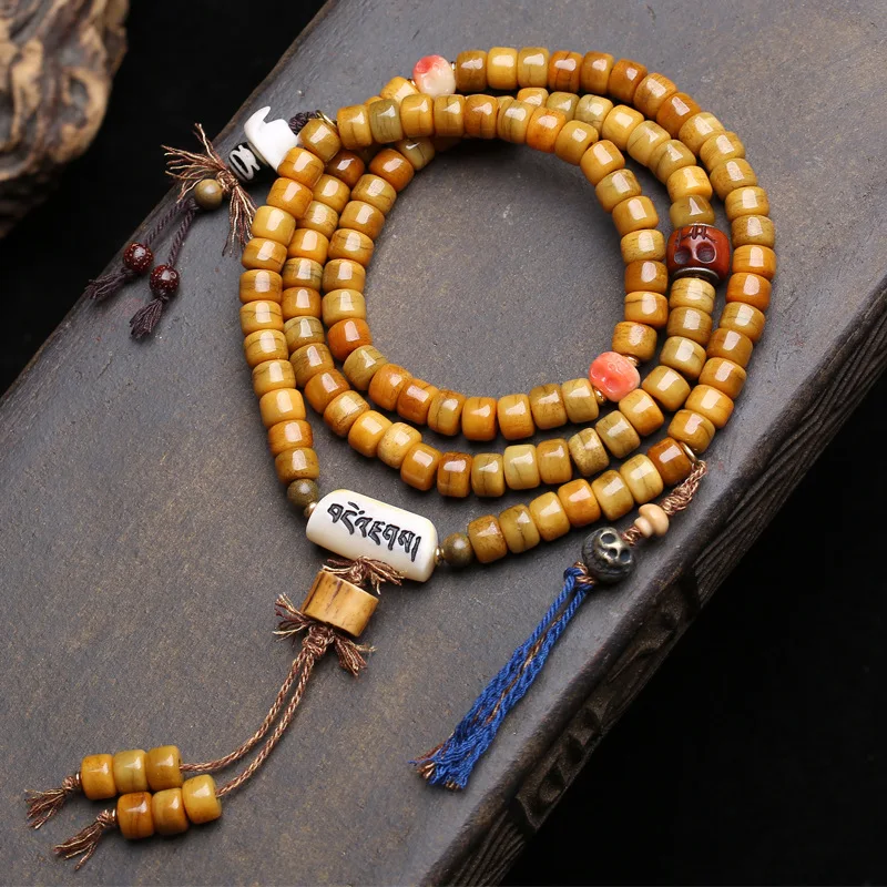 Traditional Yak Bone Bead Bracelet With 108 Buddha , Agate Thread , Dzi Beads, And Copper Gahu Box Accessories
