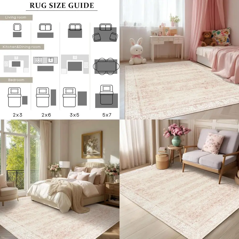 

Мягкий моющийся коврик с низким ворсом 5x8 футов - нейтральный розовый с цветочным узором для детской комнаты девочки