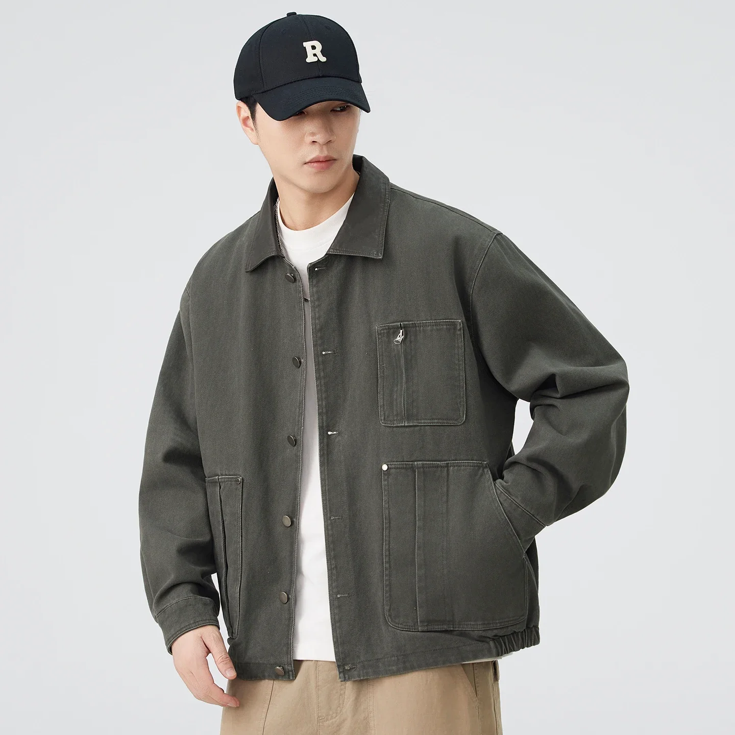 Hommes manteau Couple printemps automne vêtements d'extérieur hommes japonais Streetwear mode ample décontracté col en cuir Vintage Cargo veste