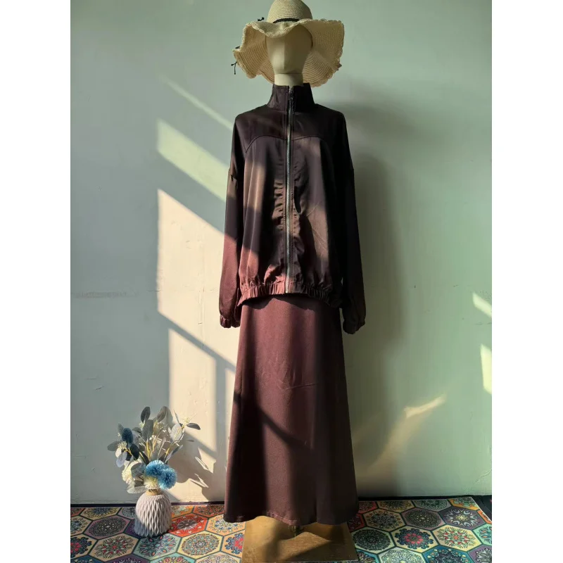 2025New Satin Sleeve Fashion Waist-Cinching Draped Long Dress Set Women