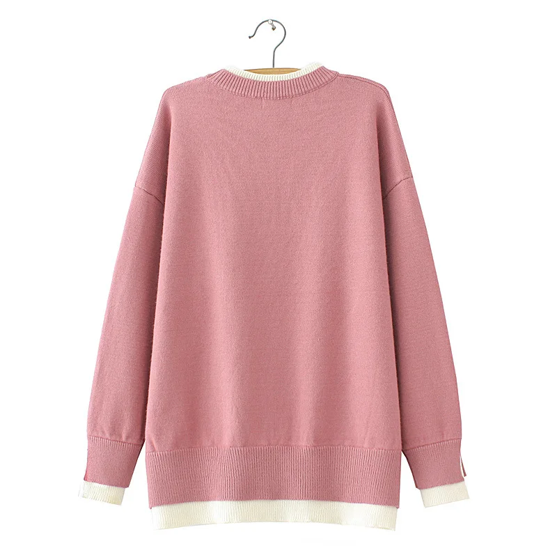 Drop Sleeves O-Neck Sweater Plus Size Women Clothing Autumn Winter Block Color Fake Two Pieces Knitted Pullover Jumpers E2 3069