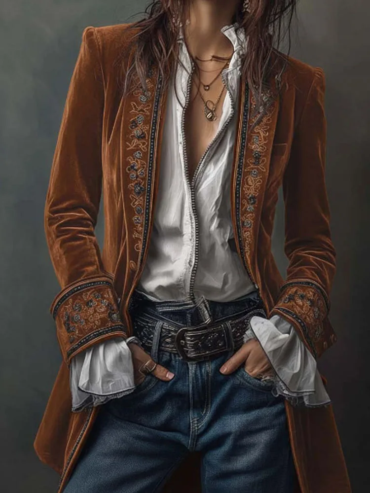 الخريف السببية طويلة الأكمام المرأة معطف الشتاء أنيقة المرقعة الدانتيل المخملية معطف نحيف خمر نمط طباعة سترة سترة