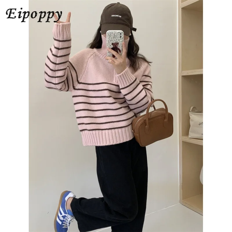 เสื้อสเวตเตอร์แบบสวมหัวมีซิปครึ่งตัวสำหรับผู้หญิงเสื้อสเวตเตอร์หนาสไตล์เกาหลีทรงหลวมและขี้เกียจใหม่