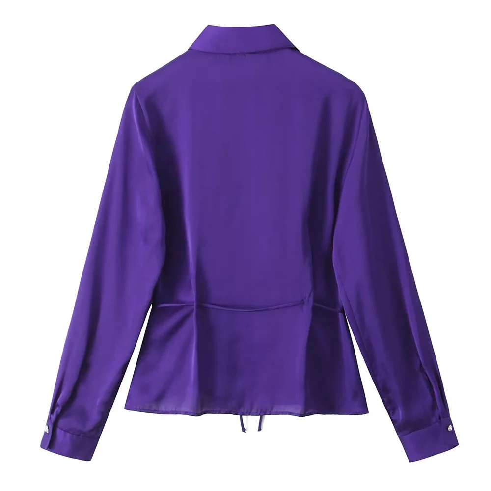 TRAF Autumn New Product Women\'s Fashion Style Loose Bow Decoration Silk Texture Long Sleeve Collar Solid Color Shirt