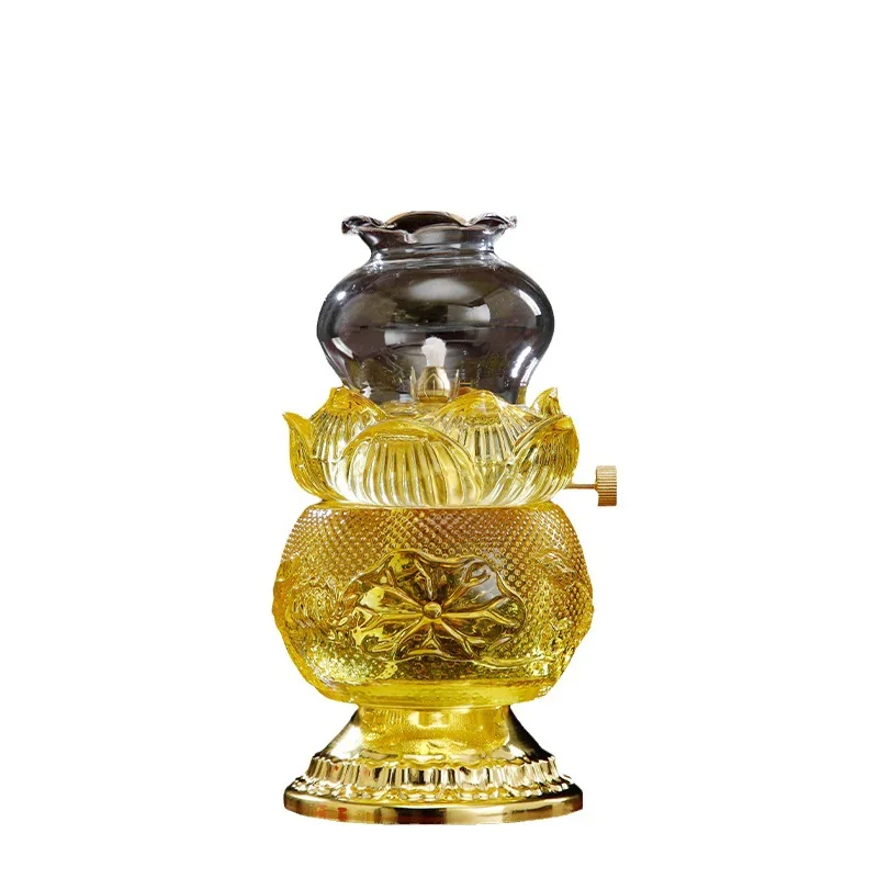 Lotus Oil Lamp Windproof Glass Buddha Butter Lamp for Buddhist Altar Shrine Religious Decor