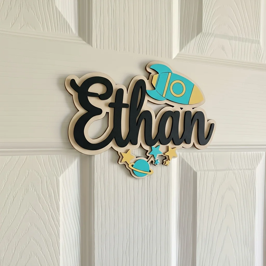 Customized Wooden Rocket Name Plaque for Kids Emerald Green & Yellow Themed Wall Decor with Durable Star & Planet Accents