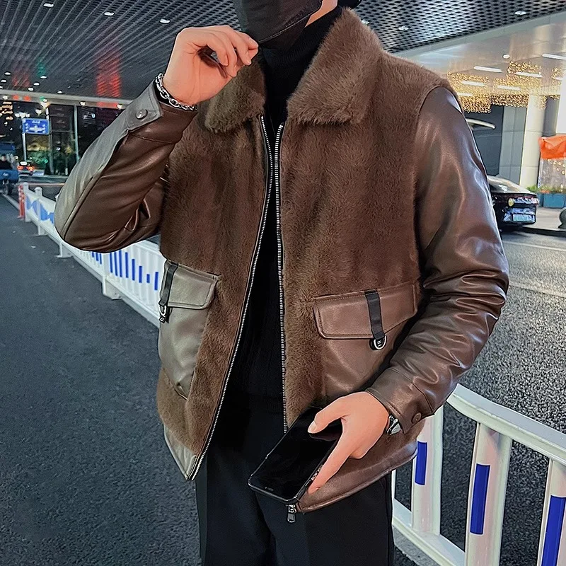 2023 Winter Leather Fur Integrated Splices Jackets Men\'s Thicken Warm Casual Social Motorcycle Leather Jacket Fashion Streetwear