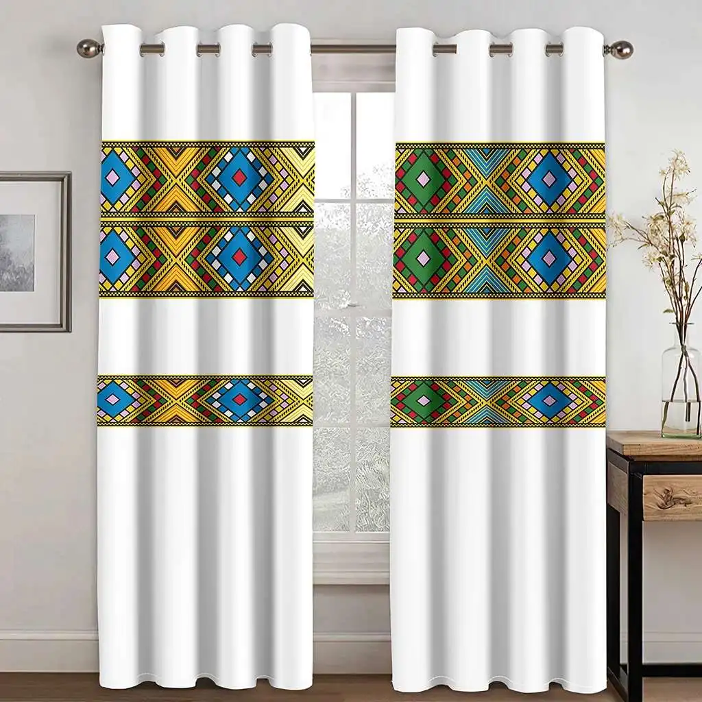 Luxury Gold Ethiopian Eritrean Traditional Boho Saba Window Curtains 2Pcs Thin Drapes for Living Room Bedroom Window Decor