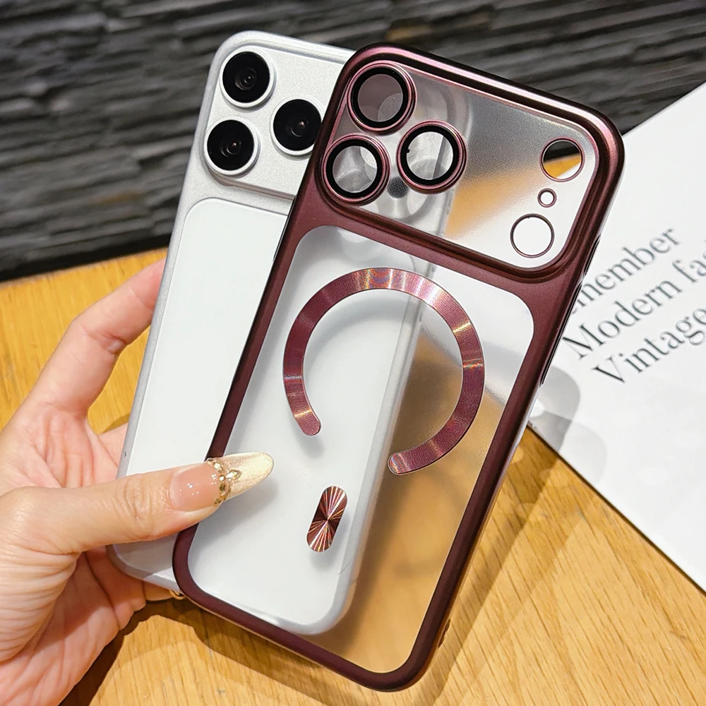 Coque de téléphone magnétique ultra-fine à placage mat couleur cerise foncé pour iPhone 18 17 16 15 Pro Max, avec orifice fin pour la recharge MagSafe, coque rigide.