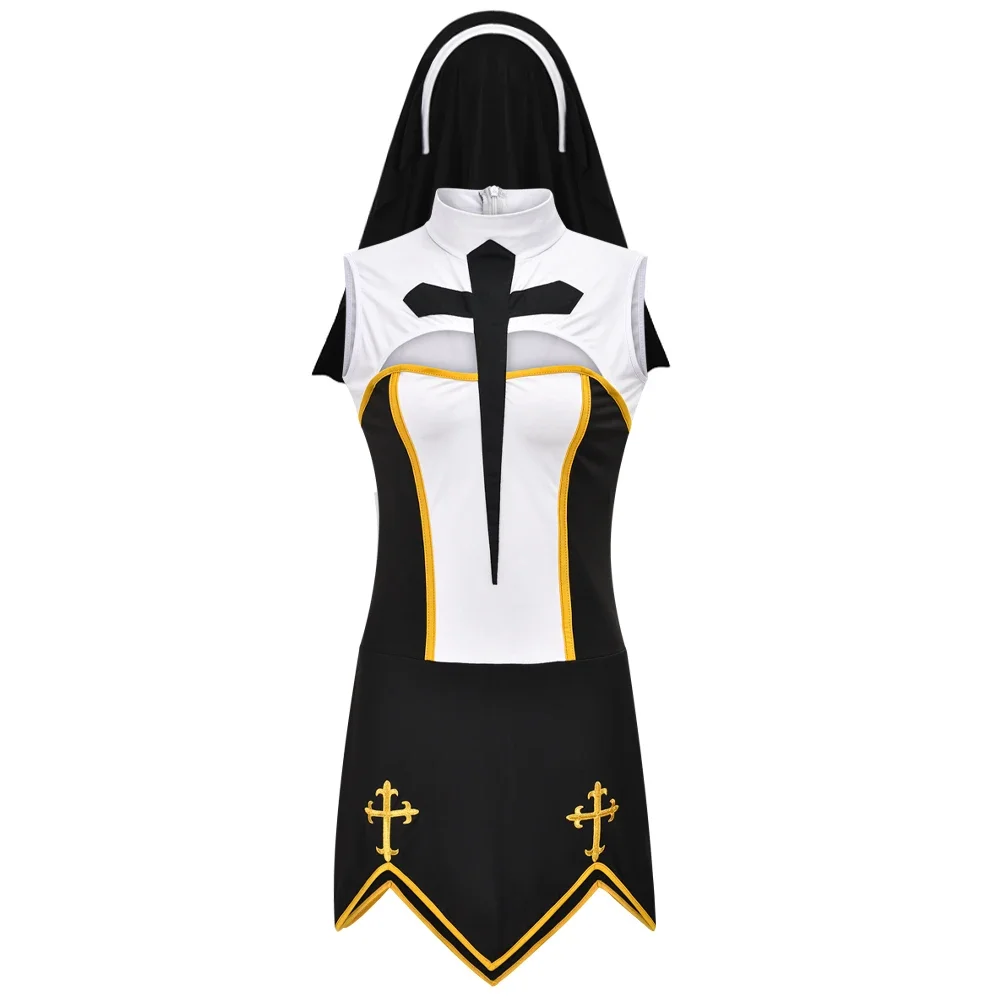 S-XXXL Women Sexy Nun Costumes Dress With Stocking Headpiece Gloves for Adult Cosplay Halloween Fancy Dress Up