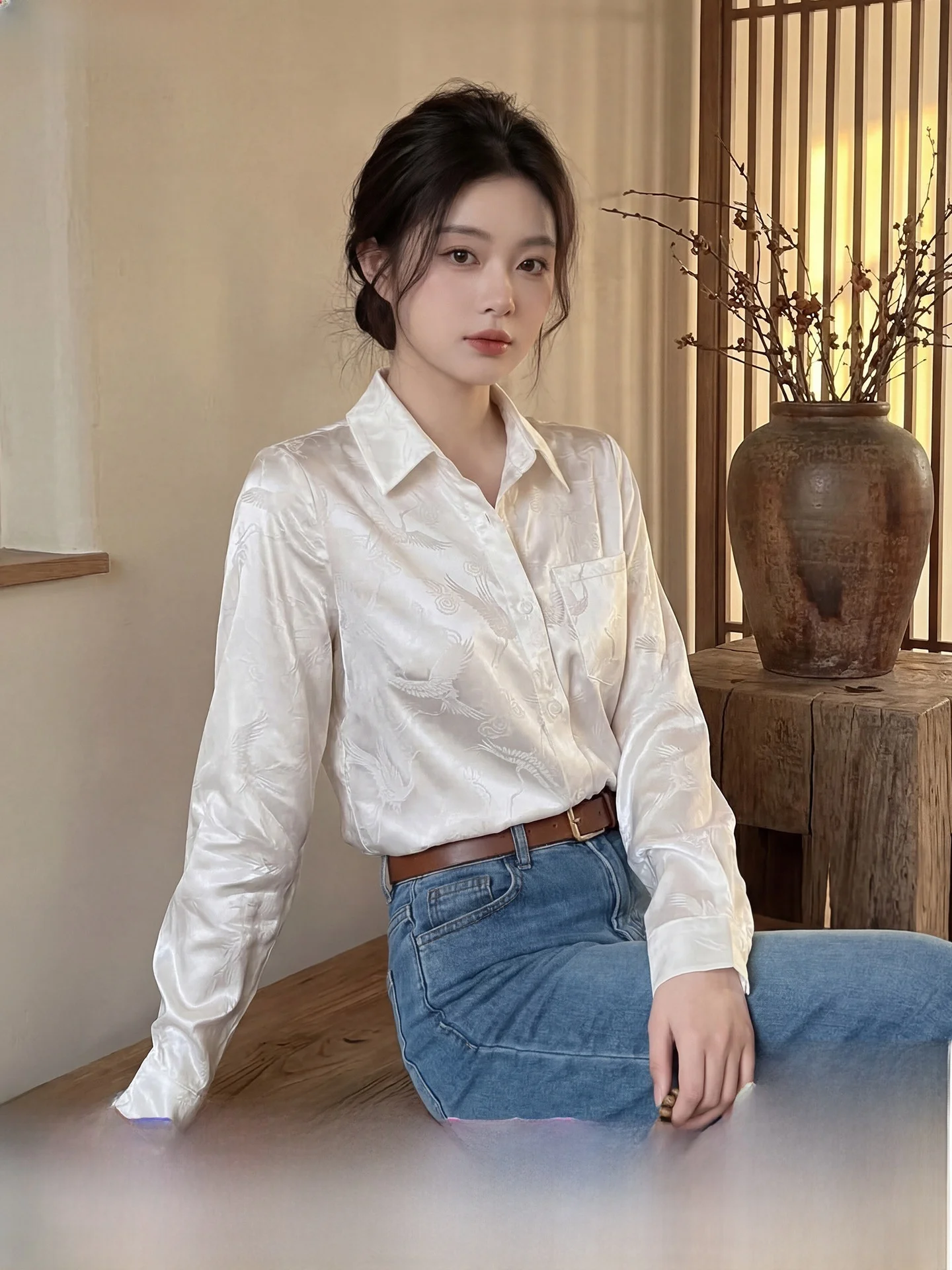 

Ele Chinese Sle Silk irt Women's Long Sve Stand Collar Inner Wear Spring 2026 New Arrival Breathable Comfortable
