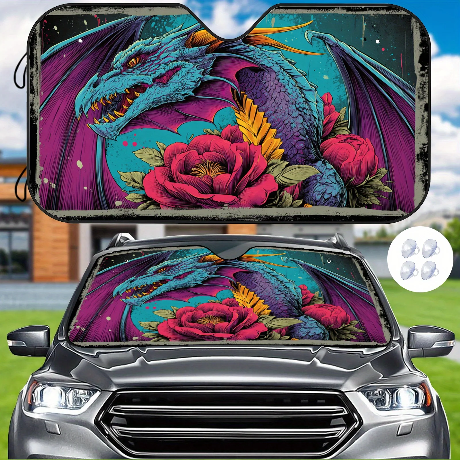 The Blue-Purple Pterosaur Car Sunshade Features A Romantic Peony Flower Design With A Vintage Artistic Style, Made Of Thick Heat