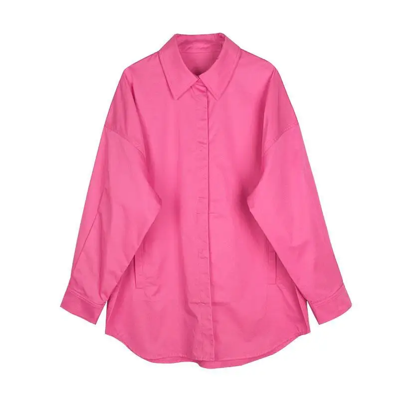 Pink Long Sleeve Loose Shirt Tops Spring New Plus Size Solid Color Simplicity Blouses Korean Style Fashion Women Clothing