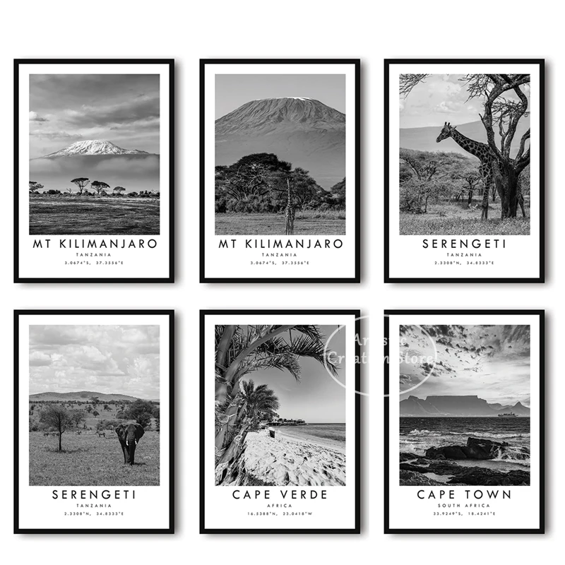 Africa Prints Travel Poster Mount Kilimanjaro Lagos Tenerife Wall Picture Canvas Painting Wall Art Nordic Black White Home Decor