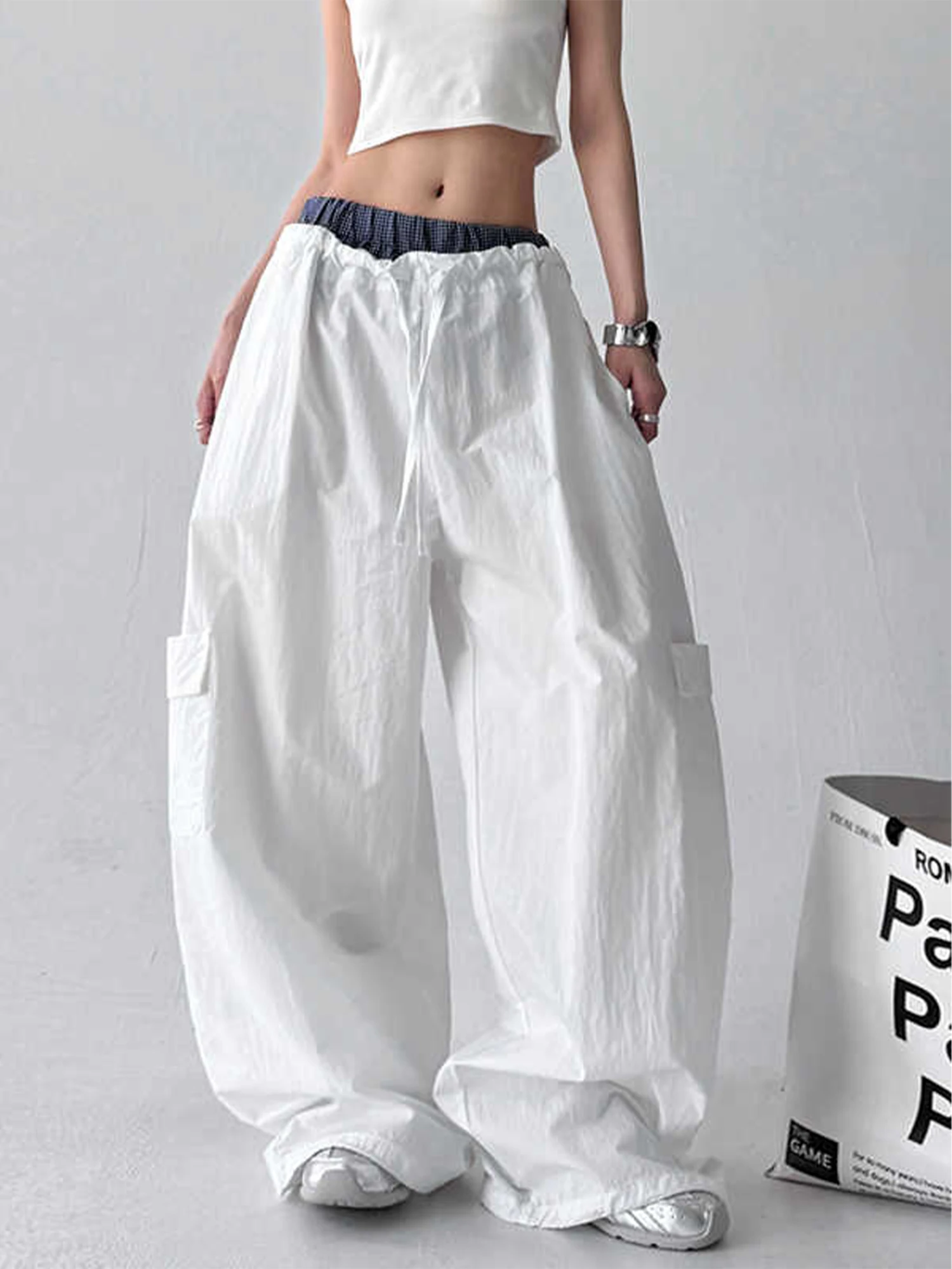 

Женские белые брюки-парашют, спортивные штаны в стиле Харадзюку, брюки-карго для танцев большого размера, японский стиль 2000-х, винтажные широкие брюки Y2k