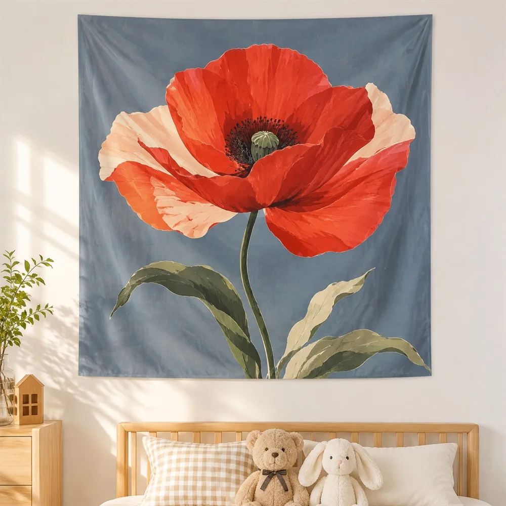 VIKAMA Poppy Flower Tapestry Wall Hanging, Modern Floral Aesthetic Room Decor Wall Art Tapestries for Living Room Bedroom Office