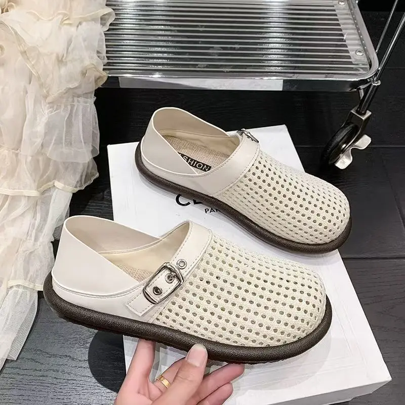 

Women PU Leather Woven Hollow Out Flat Sole Shoes Summer New Soft sole Non Slip Round Toe slip On Cave Shoes Casual Half Slipper