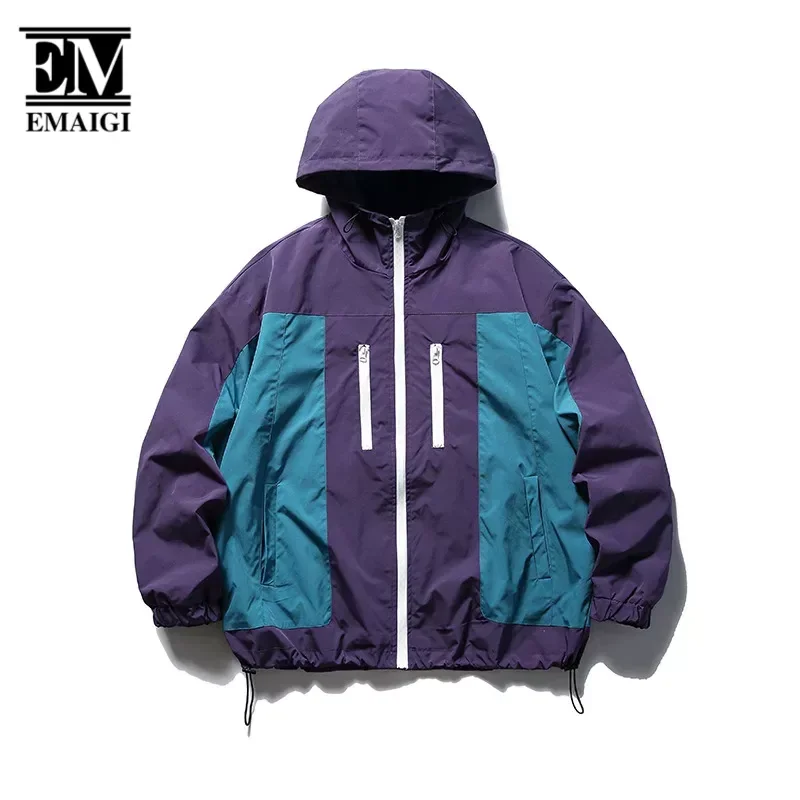 

2024 Spring Autumn Men Splice Fashion Loose Casual Hood Outdoor Jacket Cityboy Sport Cargo Coat Women Man Campus Couple Overcoat