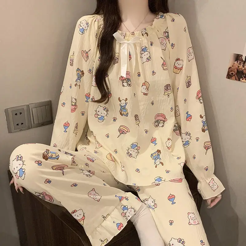 

Sanrio Hello Kitty, пижамы для молодых девушек, кавайный студенческий осенне-зимний комплект с длинными рукавами и длинными рукавами, хлопковый комплект домашней одежды с облаком