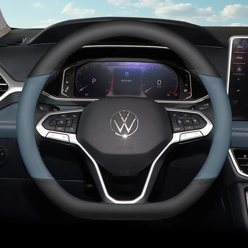 

Leather Car Steering Wheel Cover for Volkswagen T Roc Cross Tiguan Tayron Atlas Polo Id4 Caddy Crafter 2024 2025 Accessories