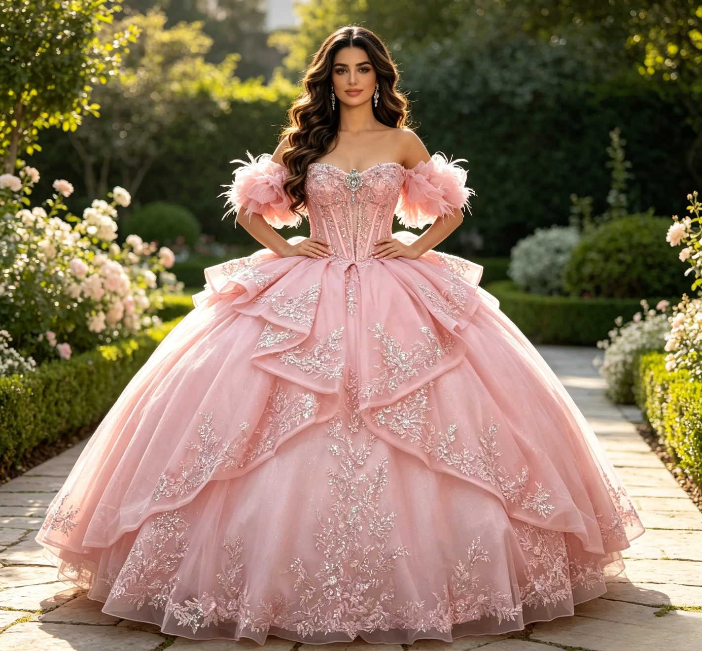 Customized Pink Off-Shoulder Quinceanera Gown Crystal Beaded Tiered Ball Dress with Feather Details for 15th Birthday Party